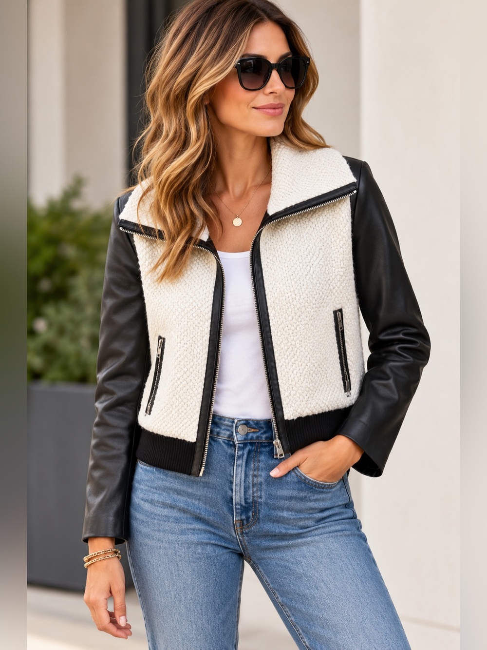 ATHLETA Bouclé Leather Bomber Jacket Black White Zip Cropped Jacket Small